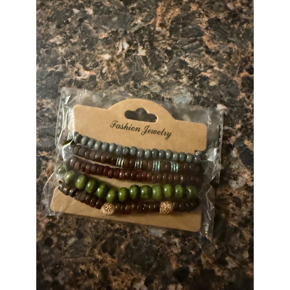 4pc Beaded Stretch Bracelet Set Earth Tones GreenBrown Grey Boho Fashion Jewelry